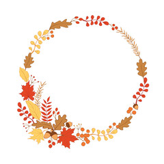 Wall Mural - Vector wreath of autumn leaves, twigs, berries, acorns in doodle flat style. Colorful illustration. Round frame, border. Theme is forest, happy fall, thanksgiving