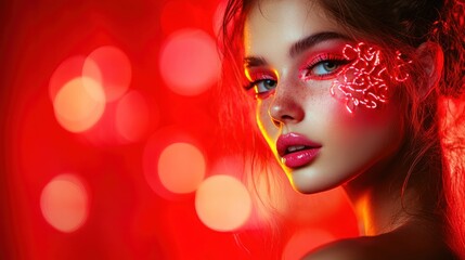 Closeup portrait of a young woman with neon makeup against a red bokeh background.