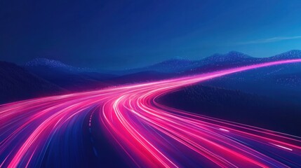 Wall Mural - Abstract road with pink light trails over a mountain range at night.