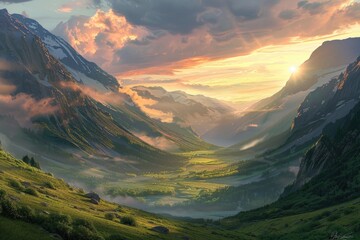 The Valley. Stunning Sunrise in Mountain Valley with Mist and Summer Landscape View