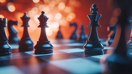 Poster - The black king and queen stand on a chessboard with other pieces in the background, illuminated by warm and cool lights.