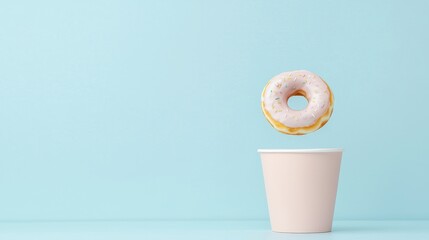 A pink frosted donut hovers above a pink paper cup against a light blue background.