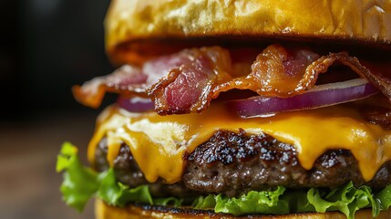 Canvas Print - A cheeseburger with bacon and onion on a wooden table.