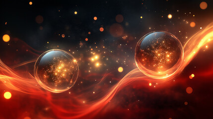 Poster - Black Friday abstract background with glowing golden orbs emerging from deep black, set against swirling red and silver fog 