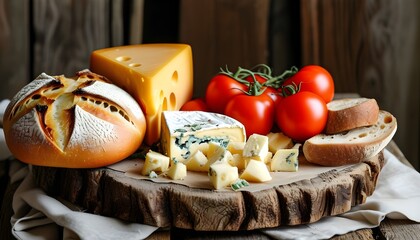 Rustic wooden platter featuring artisanal bread, creamy cheese, and vibrant tomatoes