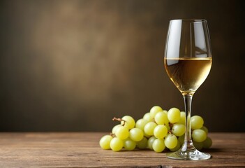 Italian white wine glass with white grapes on a wooden table