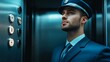 © fotogurmespb - Elevator operator in a classic uniform pressing floor buttons inside an old-fashioned elevator, vintage dials visible