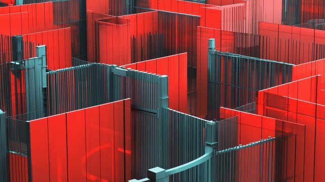 Trade tariffs and restrictions visualized with a maze of fences and barriers, representing the complexity of global trade.