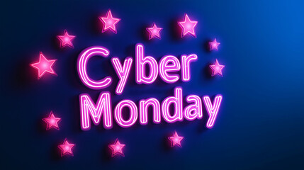 Poster - Flash sale icon in neon lights with Cyber Monday written underneath, surrounded by glowing stars and percentages 