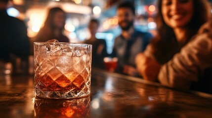 Close-up of a glass of whiskey with ice on a bar counter with people in the background.