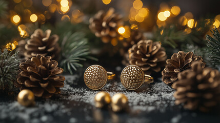 Canvas Print - Jewelry shop on Christmas featuring a set of gold cufflinks surrounded by pinecones, twinkling lights, and festive garlands 