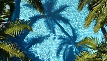 Palm tree shadow casting on vibrant blue pool water, aerial perspective