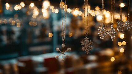 Wall Mural - Jewelry shop on Christmas with a collection of delicate gemstone necklaces under a canopy of sparkling snowflake lights 