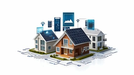 The image depicts three modern homes with solar panels, surrounded by digital elements representing smart technology and energy efficiency.