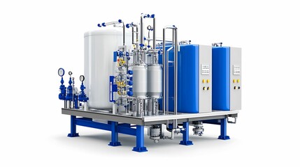 A modern industrial system for processing, featuring tanks, pipes, and control units in a clean design.