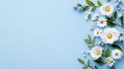 Poster - Soft white flowers and green leaves arranged on a light blue background, creating a fresh and serene floral composition.