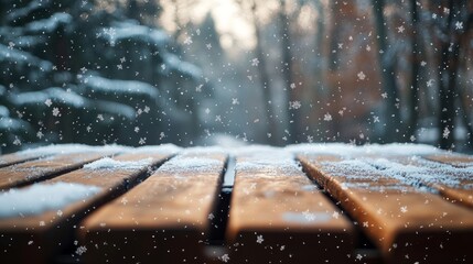 Sticker - Mockup of falling snow gently landing on a rustic wooden table, with a soft bokeh background of blurred snowy trees 