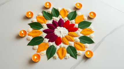 Canvas Print - Rangoli design with vibrant colored powders and flower petals on a marble floor, lit diyas placed around it 