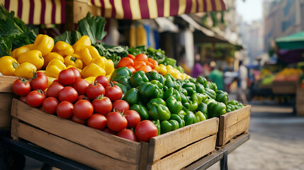 Street vendor's cart filled with colorful produce under a striped awning, a busy market scene with people passing 