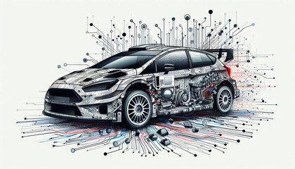 Wall Mural - High-tech car illustration with a complex network of circuits and components, depicting the integration of automotive technology and electronics