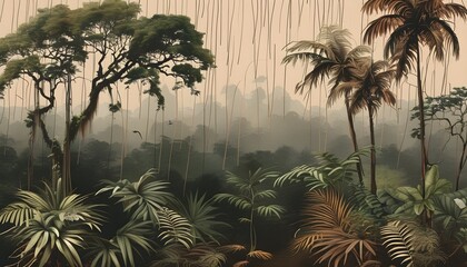 Boho-Inspired Rainforest Landscape Vintage Wallpaper on Light Brown Background