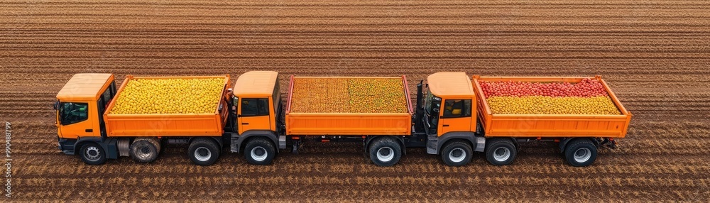 Farm machinery loading produce onto trucks, sprawling agricultural land ...
