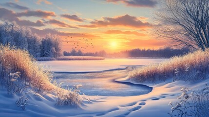 Wall Mural - Winter Sunrise Over a Pristine Snowy Field