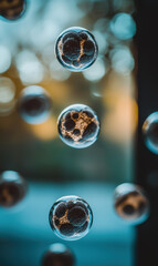 Poster - Abstract Bokeh Background with Floating Spheres in Blue and Gold