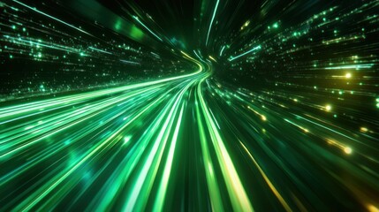 Wall Mural - Abstract green and yellow light streaks in a dark background.