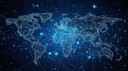 Poster - Abstract global network connection map with glowing lights on a dark blue background.