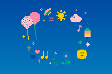 Poster - Childish cute frame in pixel art. Funny naive design elements. Sun, music note. Mood of 90's aesthetics. 8-bit retro style vector illustration for kids design, game, web, print, card, t-shirt