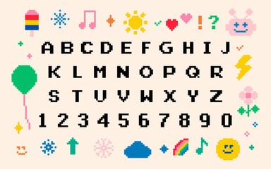 Poster - funny naive pexeled design elements. childish font set in pixel art. pixel alphabet letter, number, 