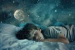 © AIGen - Dream Sleep. Adorable Boy Bedtime. Night Dreaming under Moon Mystery