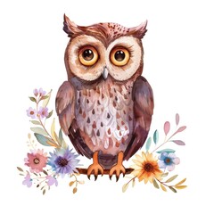 Wall Mural - Watercolor Owl with Floral Elements in Vintage Style