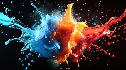 Wall Mural - Vibrant blue, orange, and red paint splashes collide against a dark background.