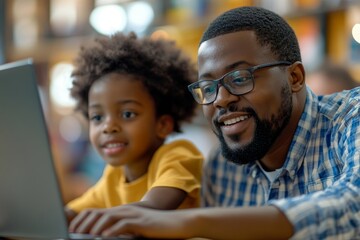 African American schoolboy uses laptop with help of his teacher during computer class in classroom, Generative AI