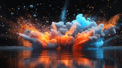 Wall Mural - An abstract explosion of vibrant colors in orange and blue against a black background. The explosion reflects on the water below.