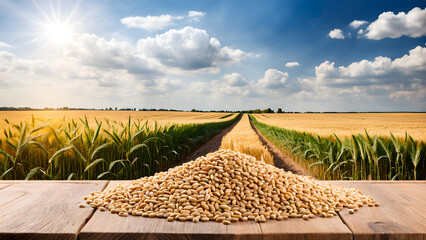 Wheat grain seeds on wooden table with wheat field view background against beautiful blue sky and sun light ray