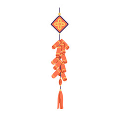 Chinese hanging ornament with string knots, tassels, firecrackers. Traditional Asian oriental decorative accessory, festive pendant adornment. Flat vector illustration isolated on white background