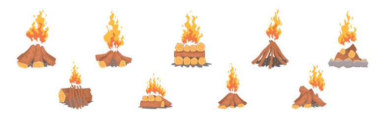 Poster - Lumber with Burning Fire Flame as Campfire or Bonfire Vector Set