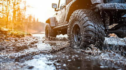 Nature Road Journey, Close-Up of Off-Road Tires at Sunset’s Golden Hour