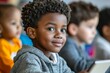 © Pixel Quest - Black elementary student and his classmate learn on digital tablets during computer class at school, Generative AI