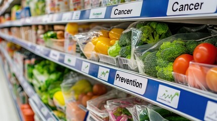 A grocery shelf displaying vegetables with labels related to cancer and prevention.