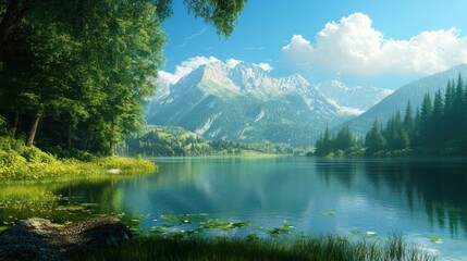 Wall Mural - Tranquil lake nestled at the base of majestic mountains.