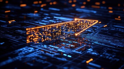 Leinwandbilder - A blue glowing arrow emerges from a sea of binary code, representing digital progress and technology's impact in today's fast-paced world, emphasizing innovation and advancement