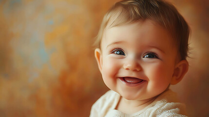 A cute baby girl with big blue eyes smiles widely.