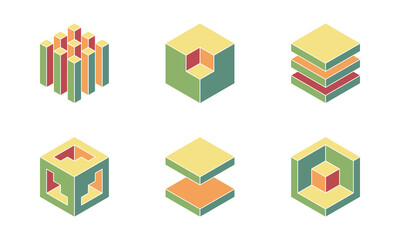 Cube logo, geometric vector design. Set box logotype company, trendy techno emblem in isometric 3D style.