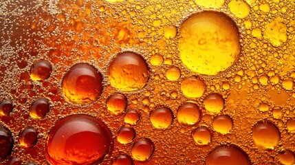 Poster - This close-up showcases a striking array of bubbles in a fizzy beverage, reflecting warm lighting and creating a mesmerizing texture of rich colors and shapes