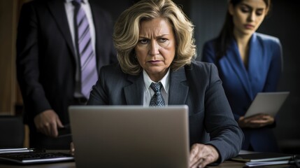 Poster - A serious woman in a suit intently analyzes information on her laptop in a modern office setting. Two colleagues stand behind her, observing her work during a collaborative session