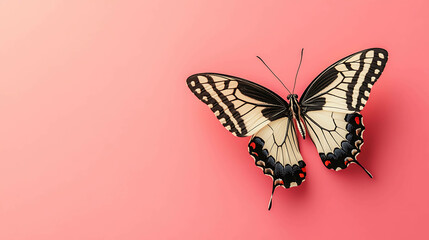 A black and white butterfly with red accents rests on a pink background.